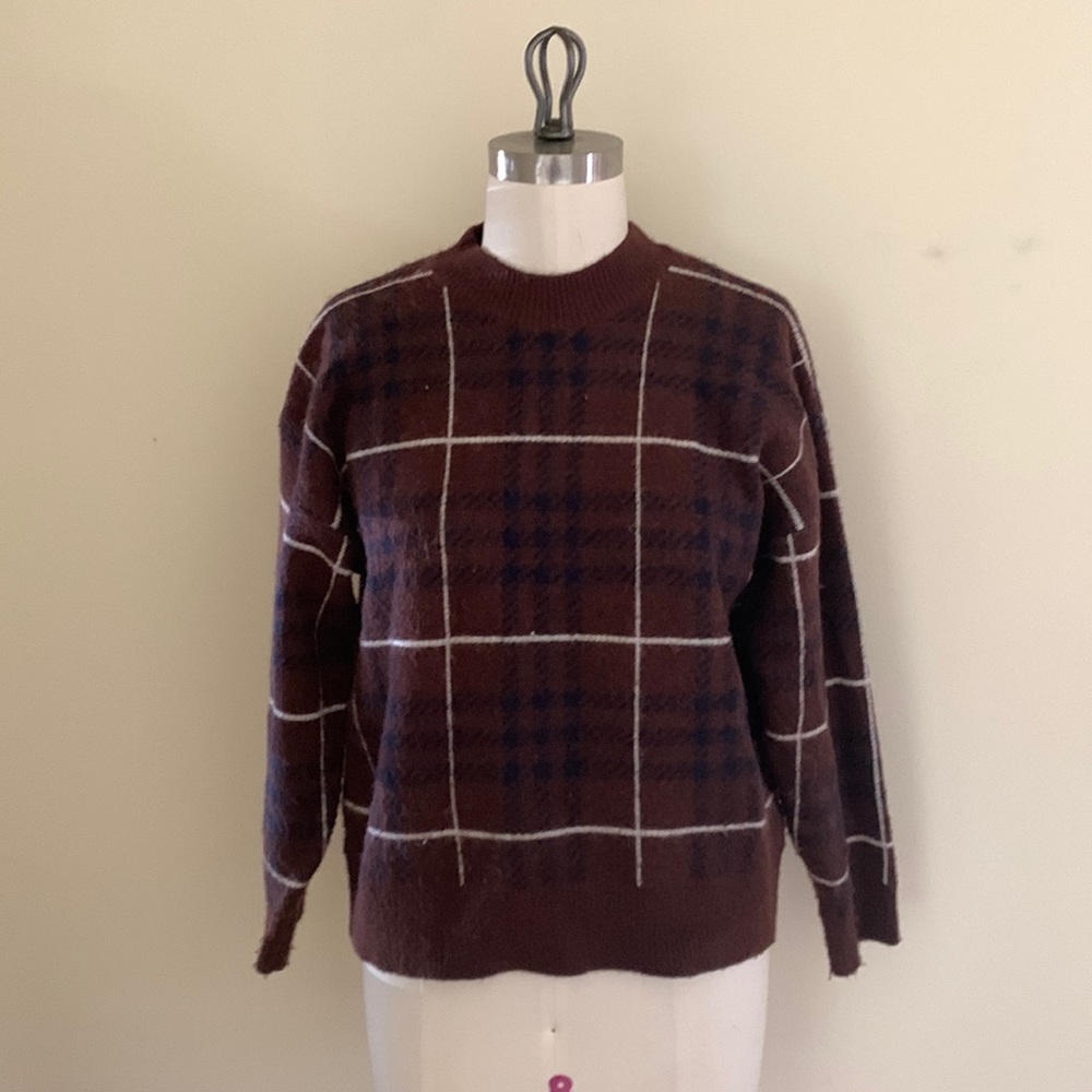 En Saison Brown and Blue Plaid Pullover Sweater Size Small